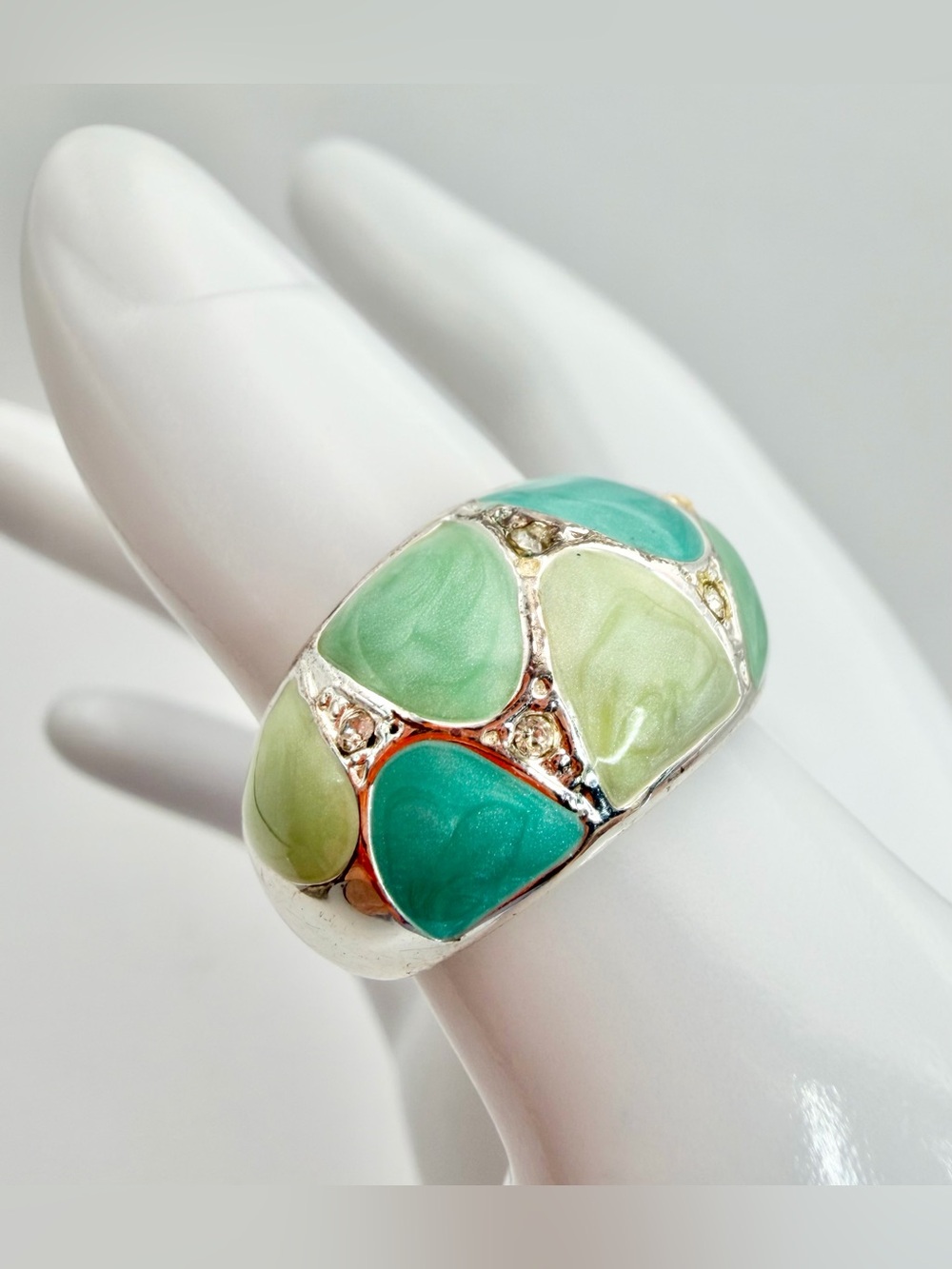 Silver Tone Green Mosaic Enamel Dome Ring